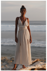 Luxury Resort Lounge Maxi Dress in Soft Coconut Cream - Front Full Body