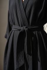 Luxury Lounge Robe Dress in Midnight Black - Fabric Detail