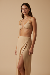 Luxury Beachwear Wrap Skirt Set in Warm Sand Beige - Editorial Pose