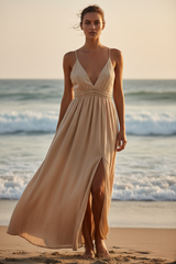 Luxury Resort Lounge Maxi Dress in Warm Sand Beige - Front Full Body